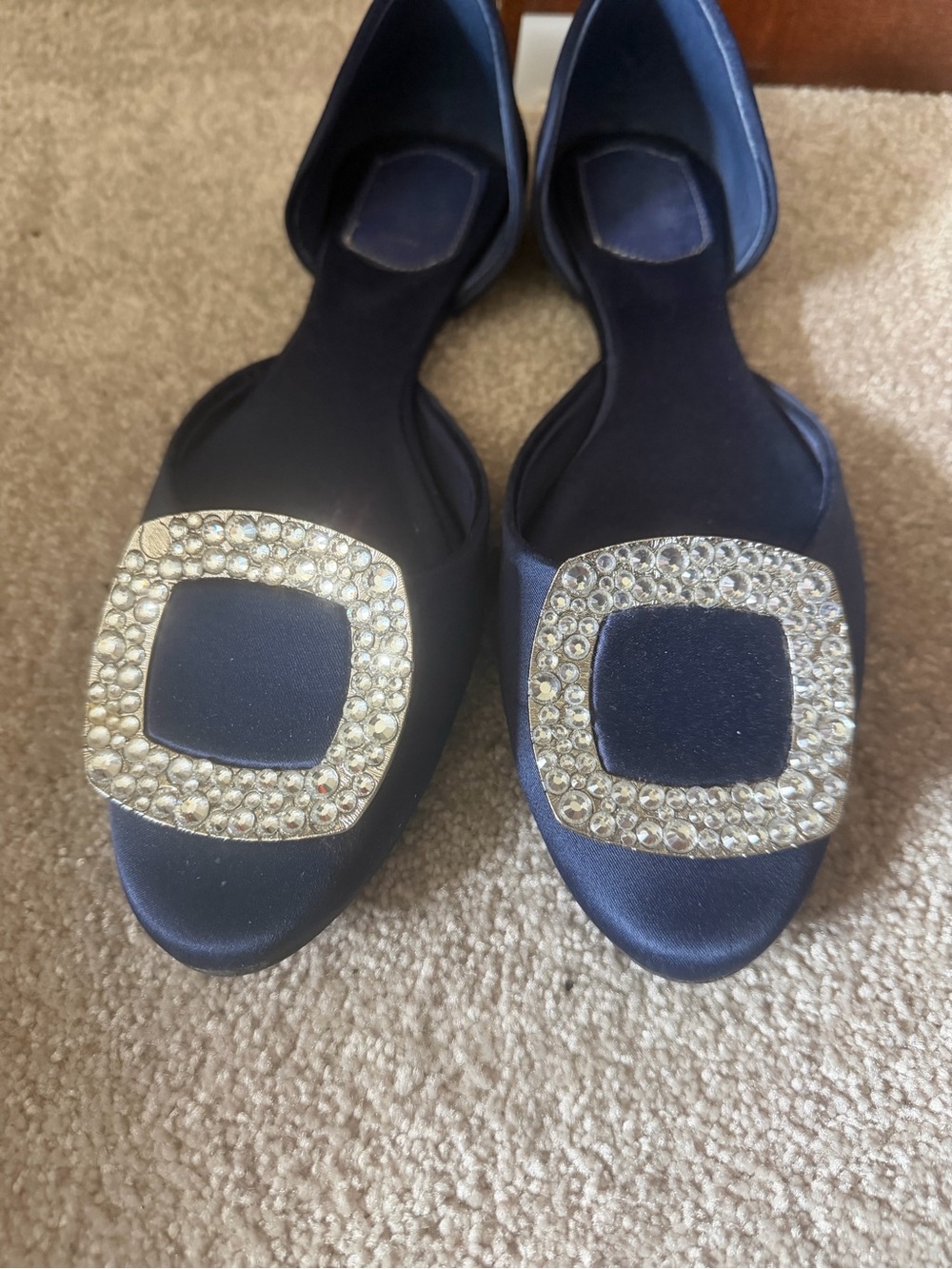 Navy Rhinestone Buckle Flats - Picture 2 of 6